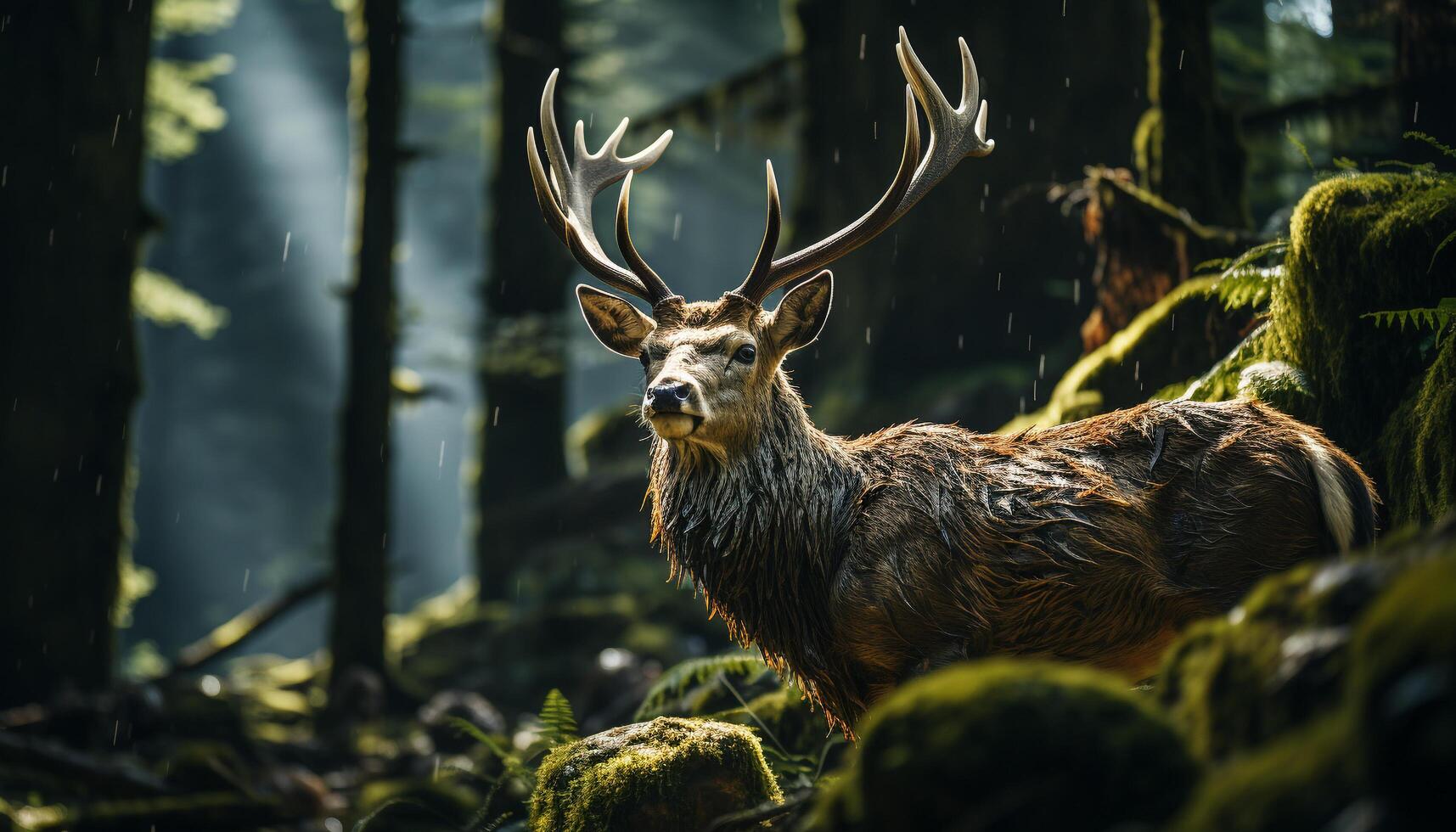 une majestueux cerf des stands dans le neigeux forêt, exsudant tranquillité généré par ai photo