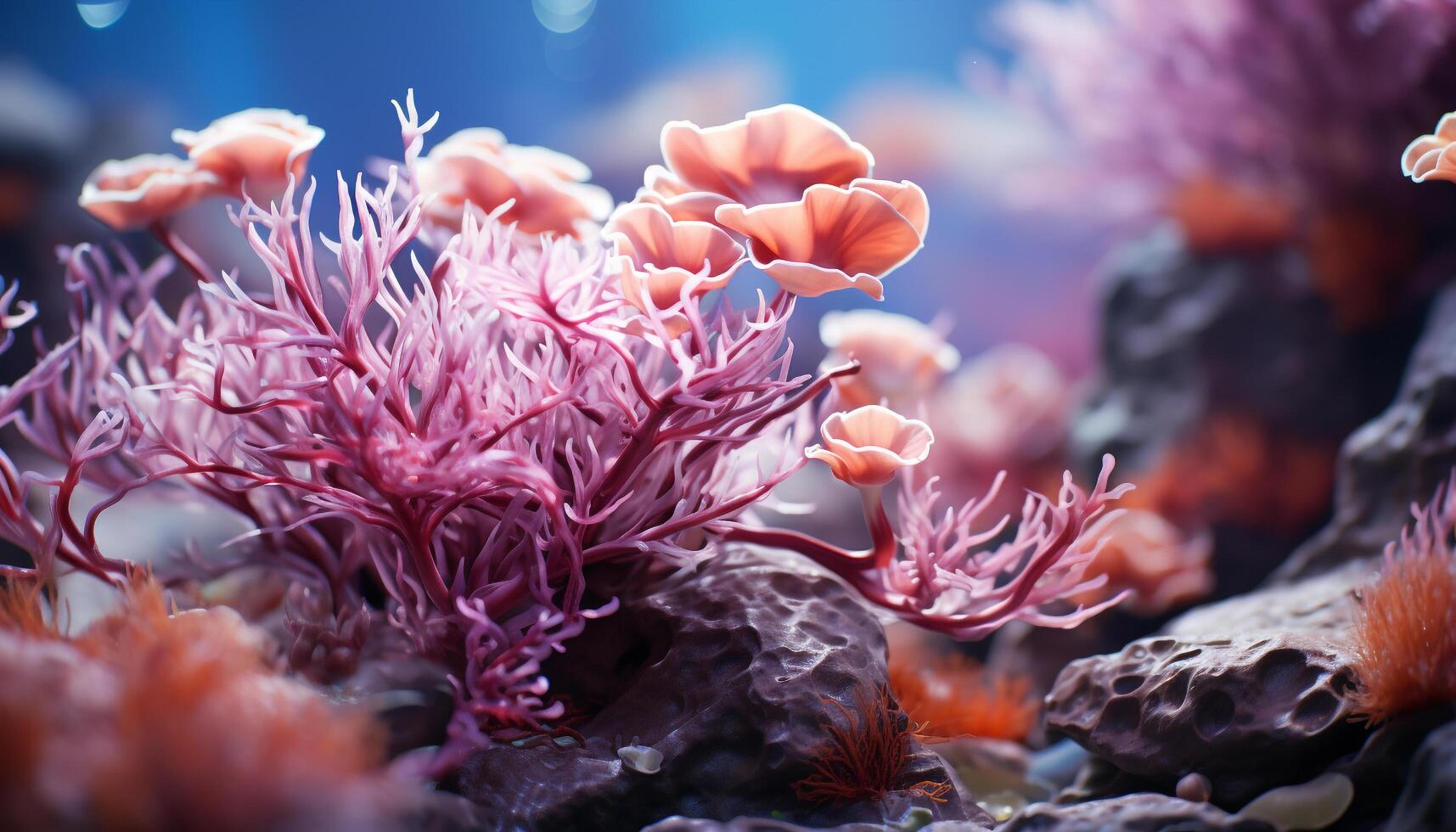 sous-marin récif, proche en haut de multi coloré corail, poisson dans violet l'eau généré par ai photo