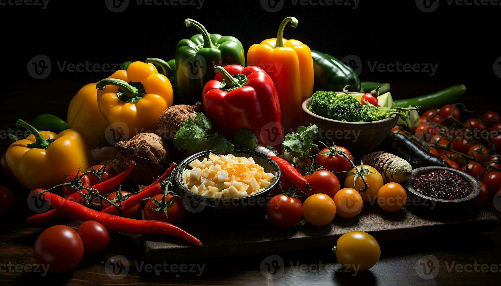 fraîcheur et variété sur une en bois table en bonne santé, BIO, végétarien repas généré par ai photo