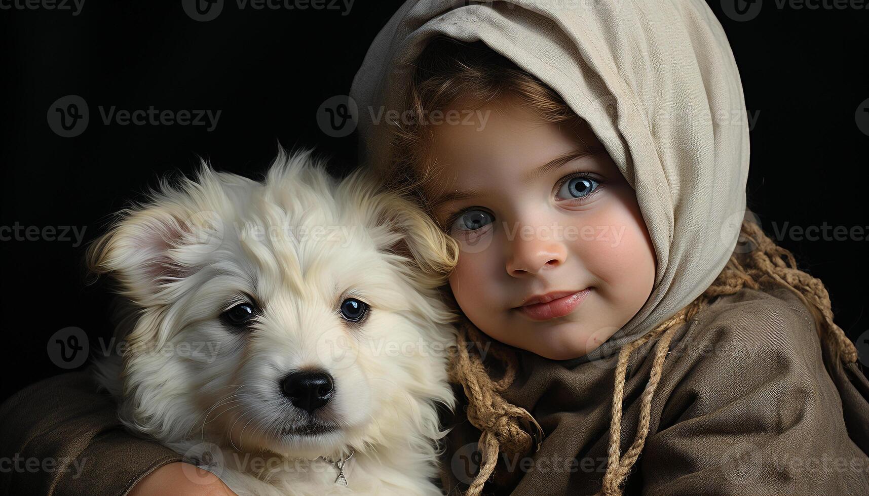 une mignonne petit chien, une portrait de une souriant enfant généré par ai photo