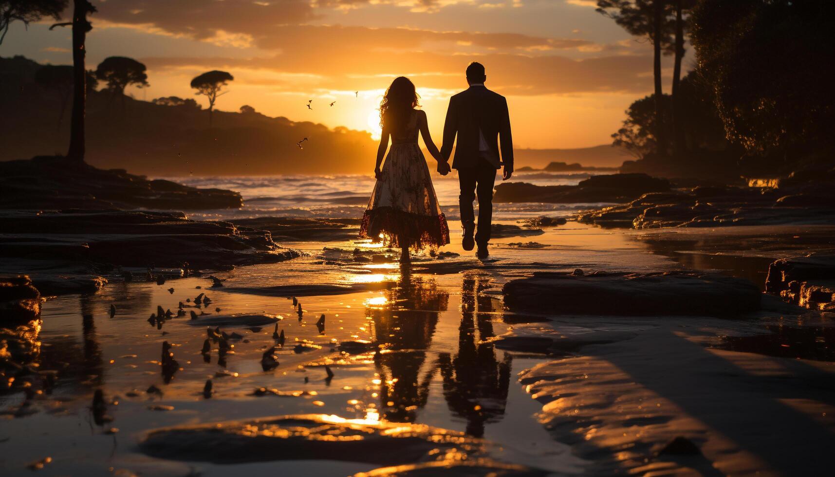 le coucher du soleil romance deux gens dans aimer, en marchant sur le sable en portant mains généré par ai photo