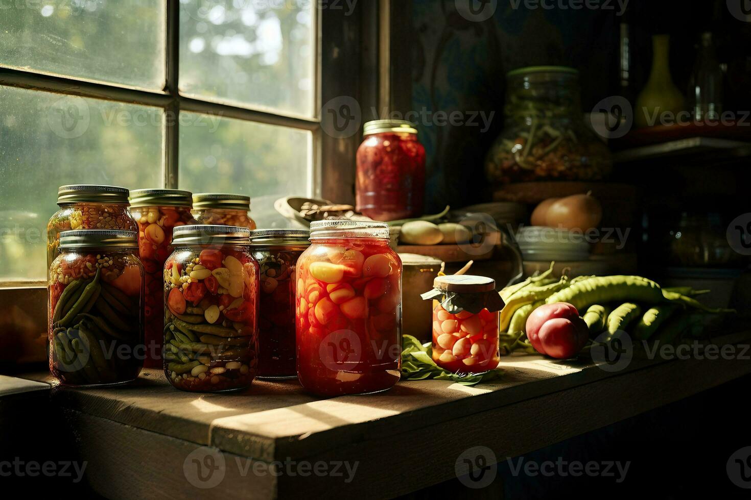 mise en conserve et fermentation de des légumes. mariné concombres et tomates dans pots dans une brillant cuisine près le fenêtre génératif ai contenu, photo