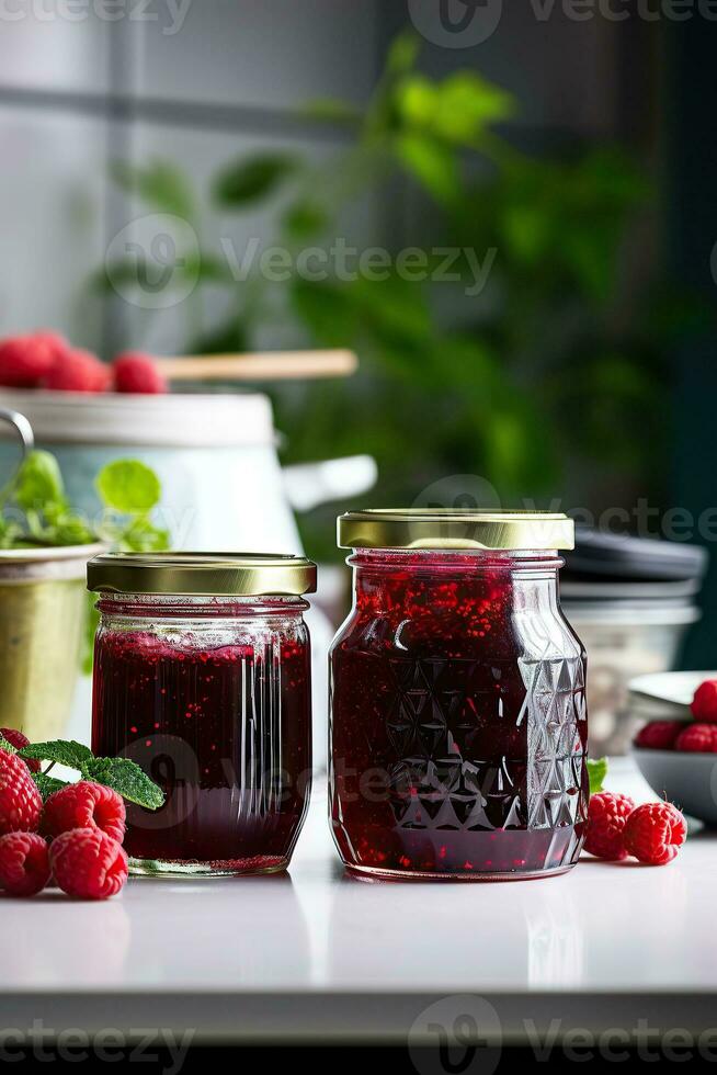 framboise confiture avec baie sur lumière Contexte. fait maison confiture avec framboise. génératif ai contenu, photo