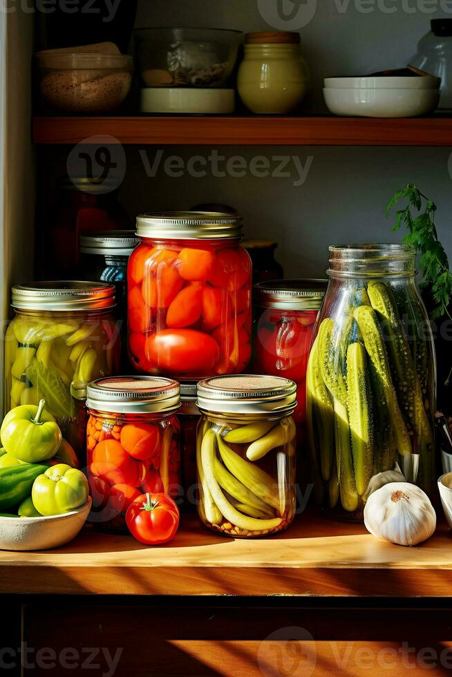 mise en conserve et fermentation de des légumes. mariné concombres et tomates dans pots dans une brillant cuisine près le fenêtre.générative ai contenu, photo