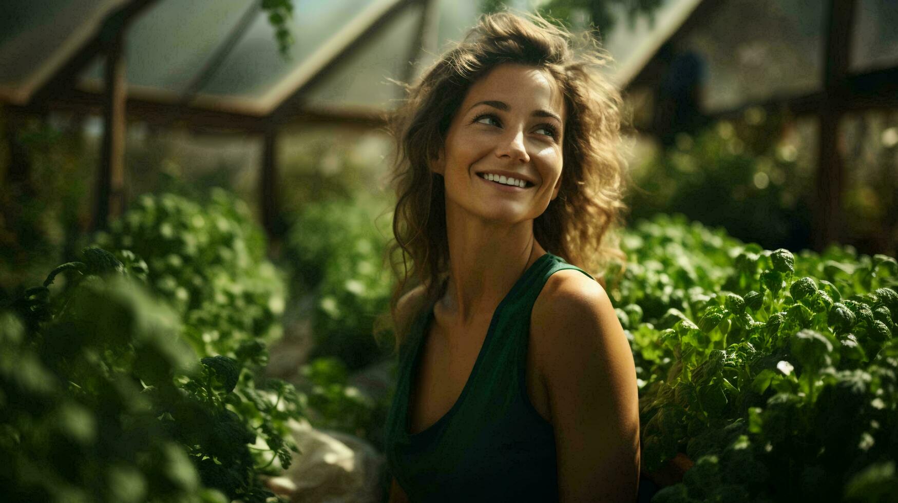 magnifique Jeune femme dans une serre ou conservatoire avec vert les plantes. concept agriculture Naturel éco écologiquement amical des produits photo