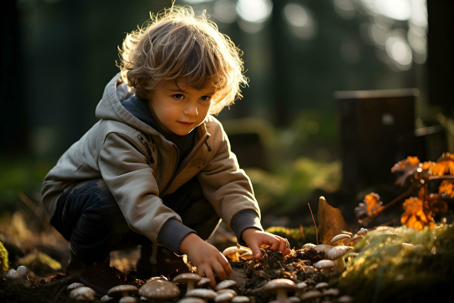 content enfant cueillette champignons dans le l'automne forêt. cueillette saison et loisir personnes, tomber concept. photo