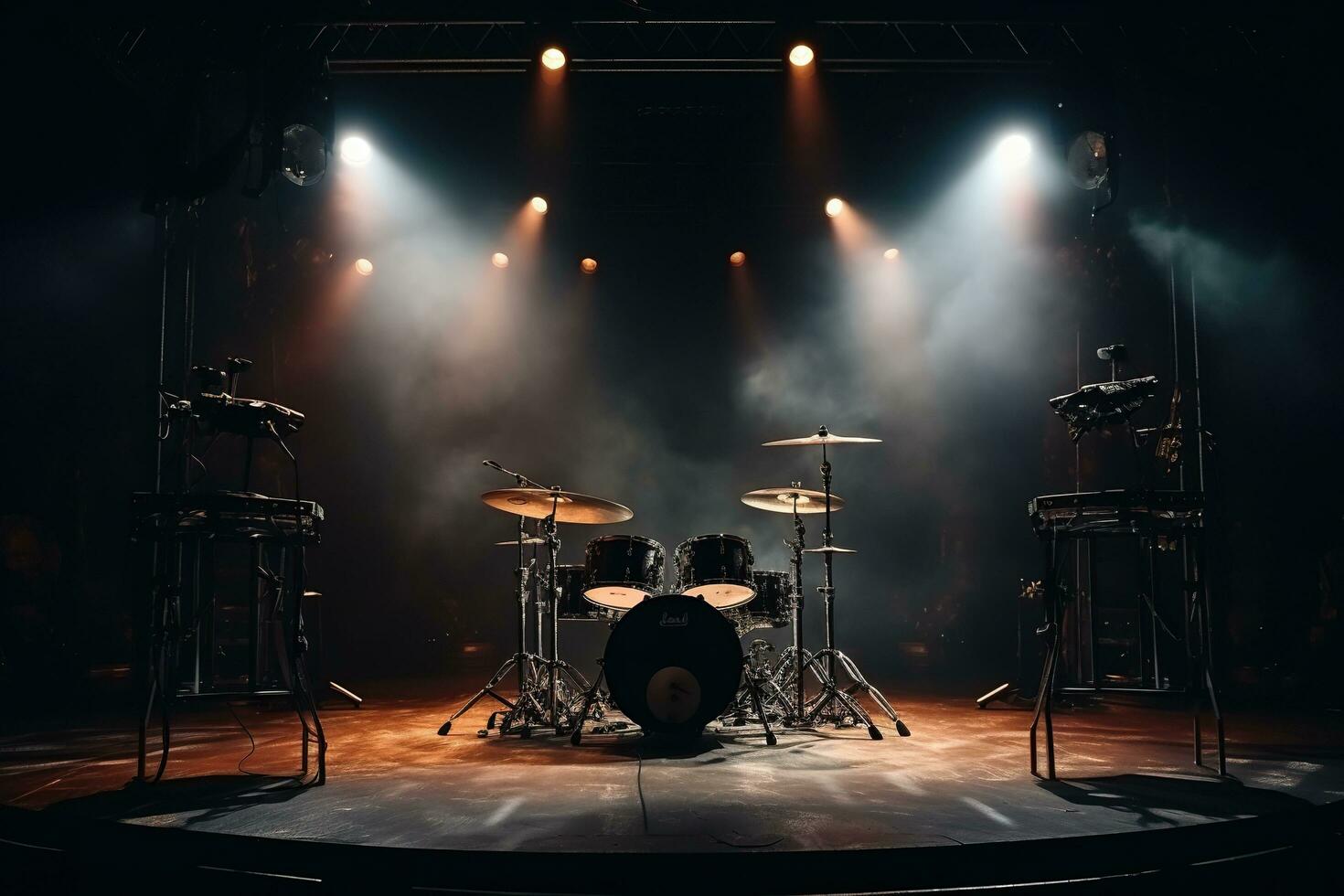 tambour ensemble sur étape dans le des rayons de projecteurs. vivre la musique photo