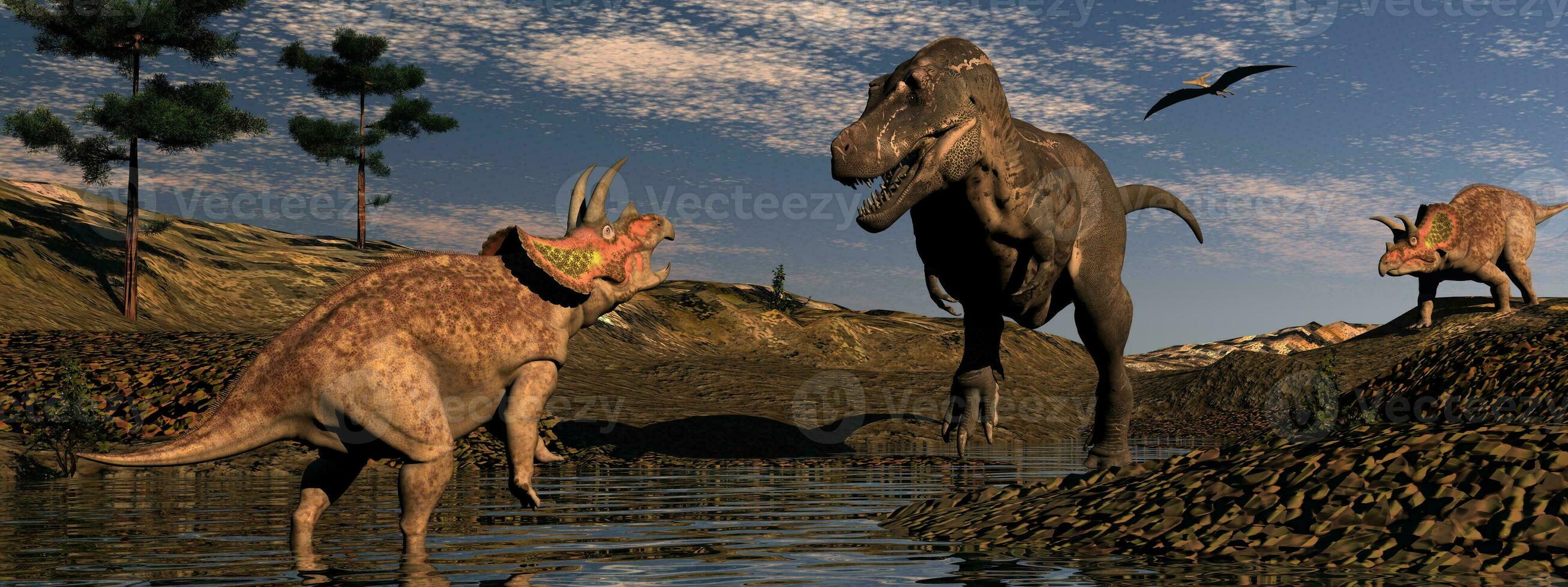 dinosaure paysage avec tyrannosaure et tricératops - 3d rendre photo