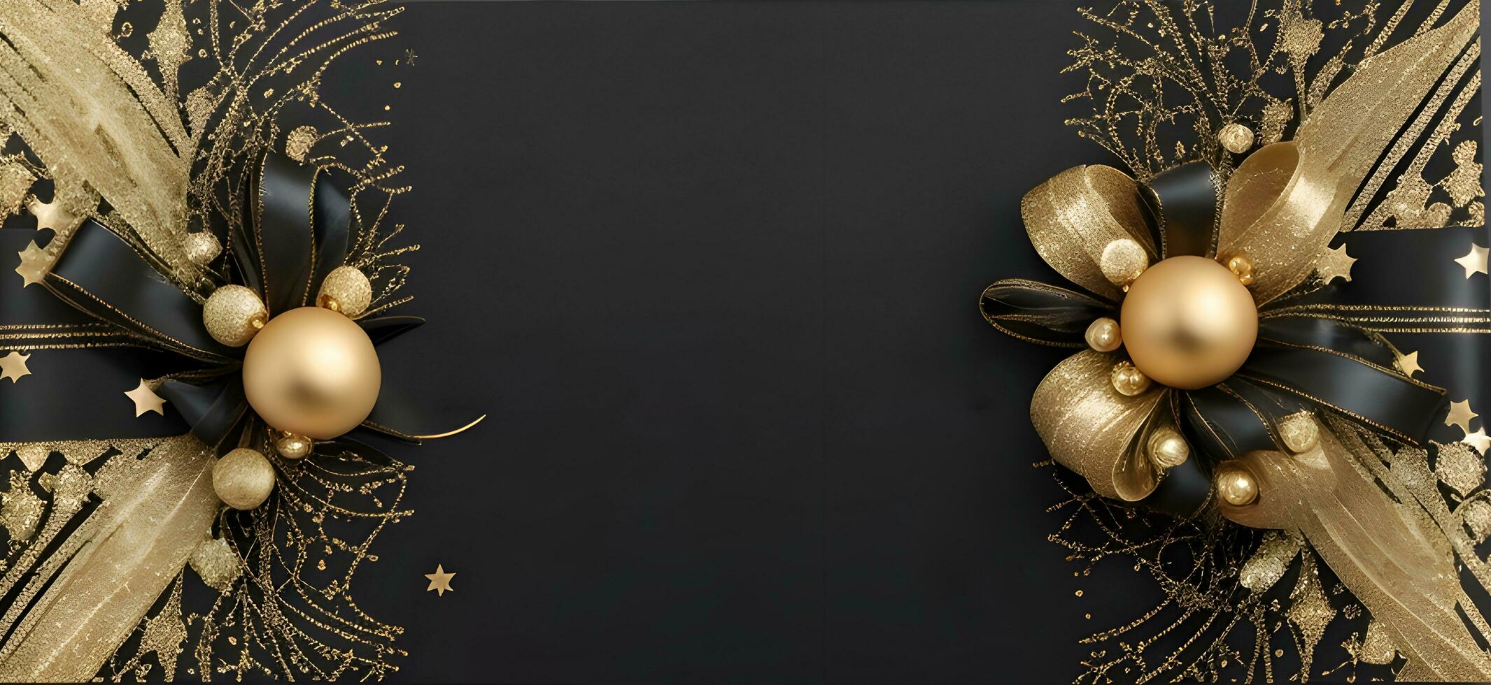 un élégant Noël salutations bannière avec d'or tourbillon rubans gracieusement enroulement autour brillant étoiles sur une riches noir Contexte photo