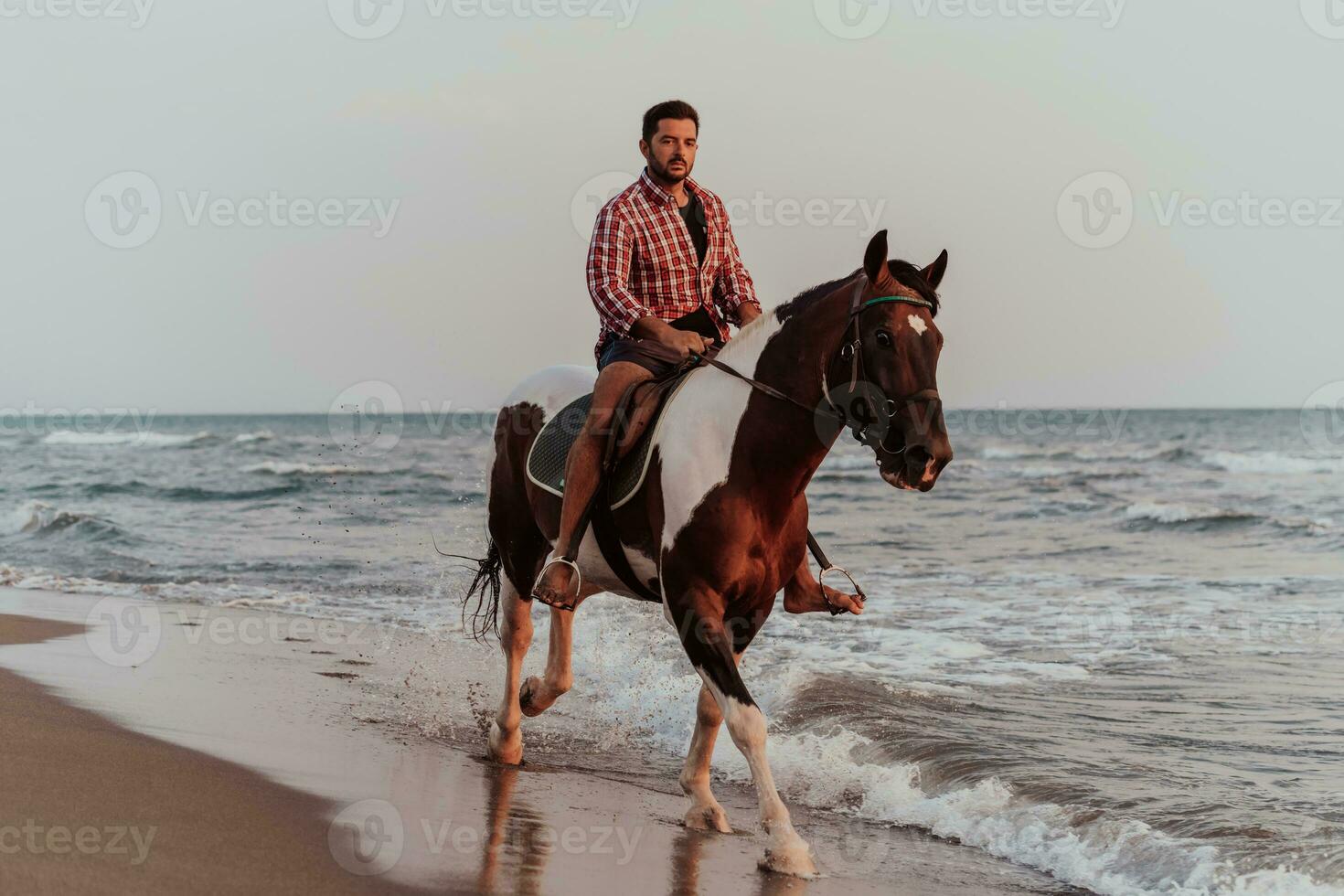 un homme moderne en vêtements d'été aime monter à cheval sur une belle plage de sable au coucher du soleil. mise au point sélective photo