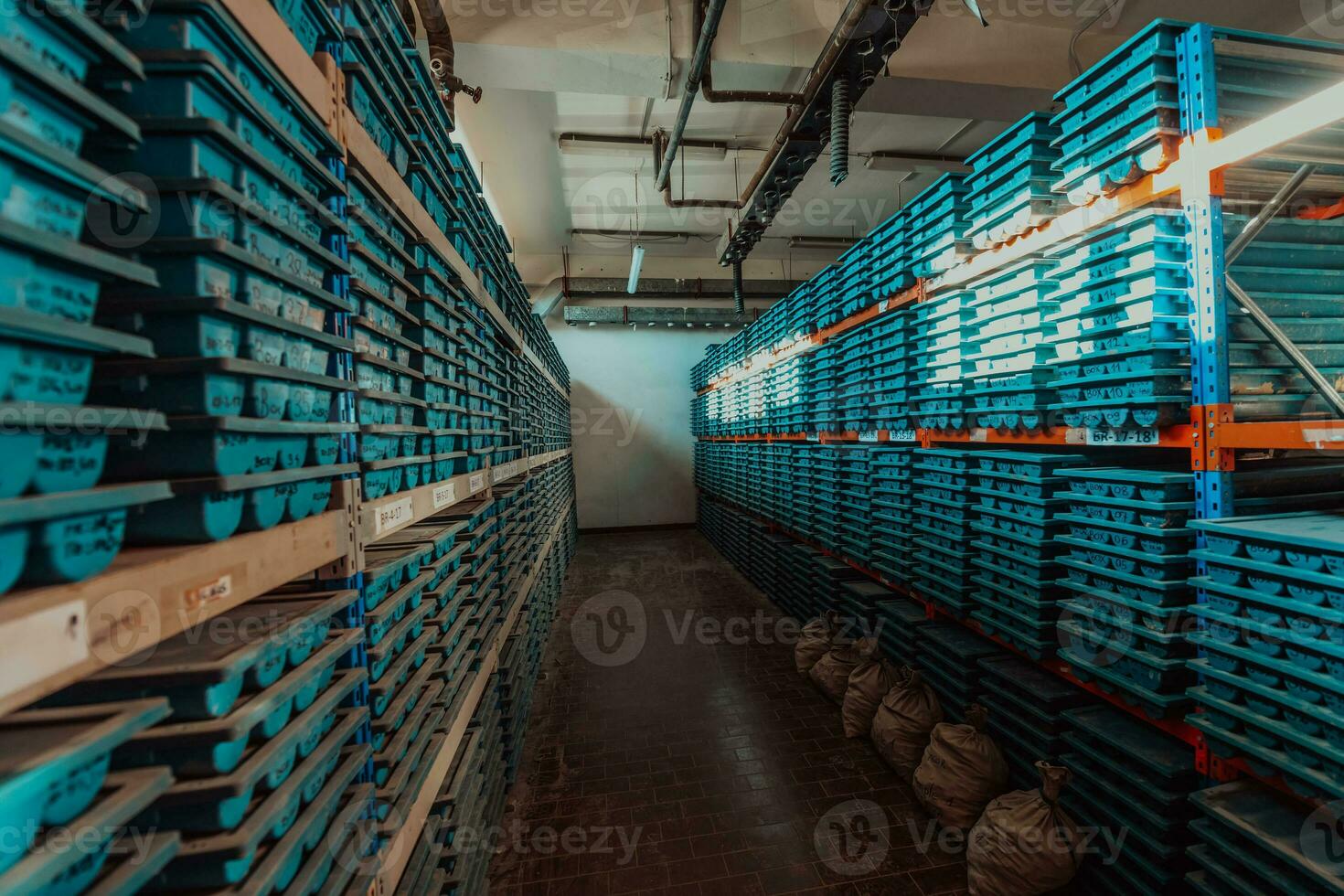 stockage des mines d'or échantillons de carottes de roche géologie forage industy. grand entrepôt de minerai dans l'industrie moderne, minerais empilés dans des boîtes. mise au point sélective photo