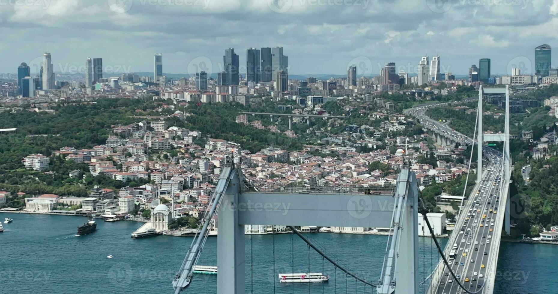 Istanbul le bosphore pont et ville horizon dans Contexte avec turc drapeau à magnifique coucher de soleil, aérien faire glisser en orbite et suivi coup photo