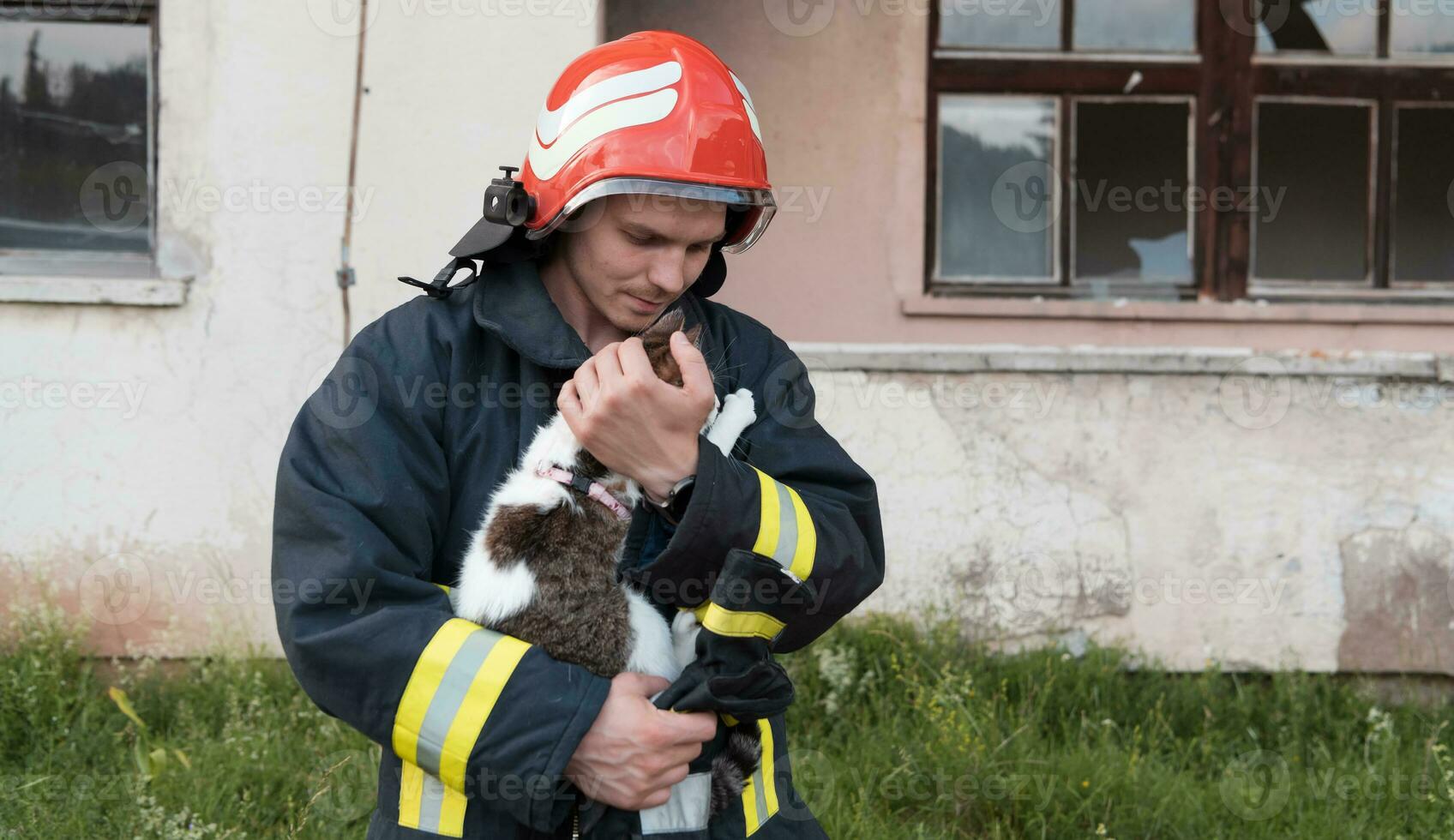 fermer portrait de héroïque pompier dans protecteur costume et rouge casque détient enregistré chat dans le sien bras. sapeur pompier dans Feu combat opération. photo