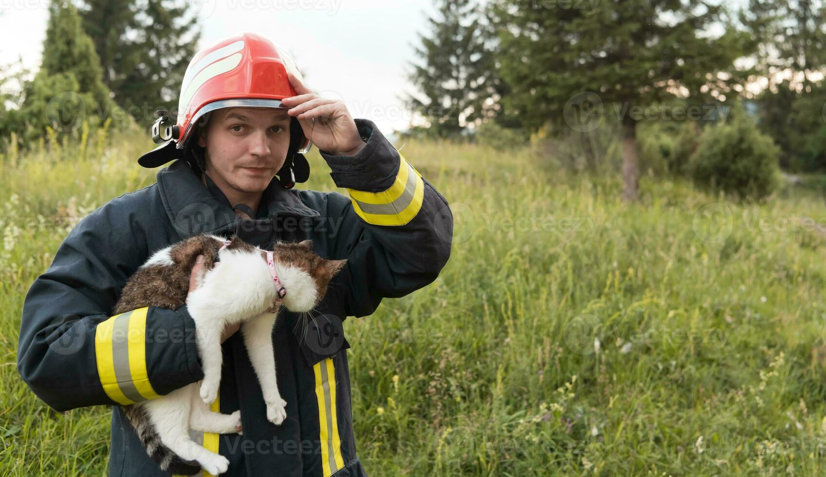 fermer portrait de héroïque pompier dans protecteur costume et rouge casque détient enregistré chat dans le sien bras. sapeur pompier dans Feu combat opération. photo