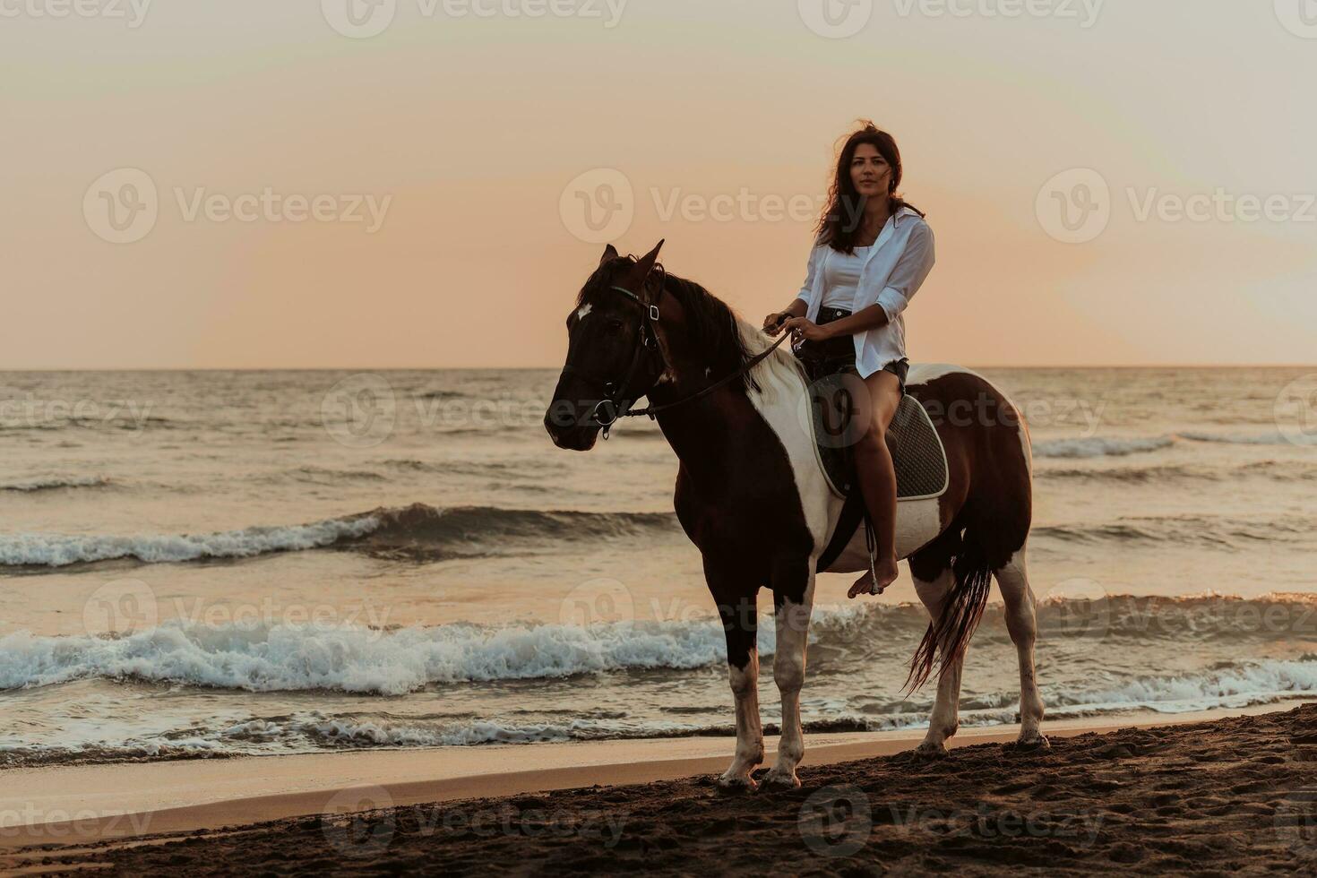 femme en vêtements d'été aime monter à cheval sur une belle plage de sable au coucher du soleil. mise au point sélective photo