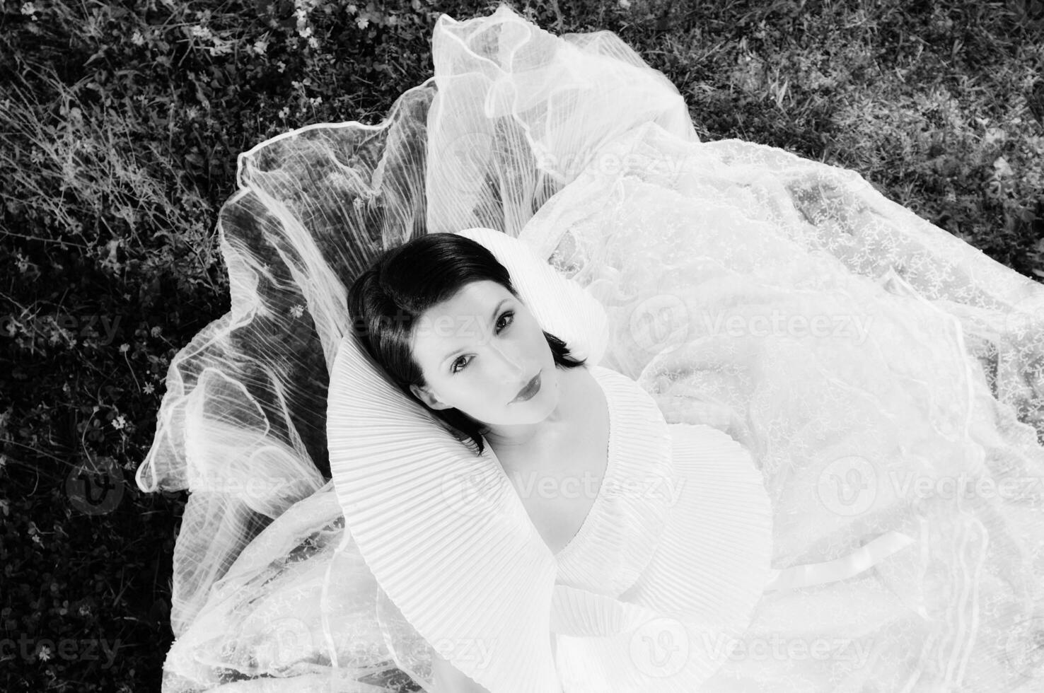 magnifique la mariée en plein air dans noir et blanc photo