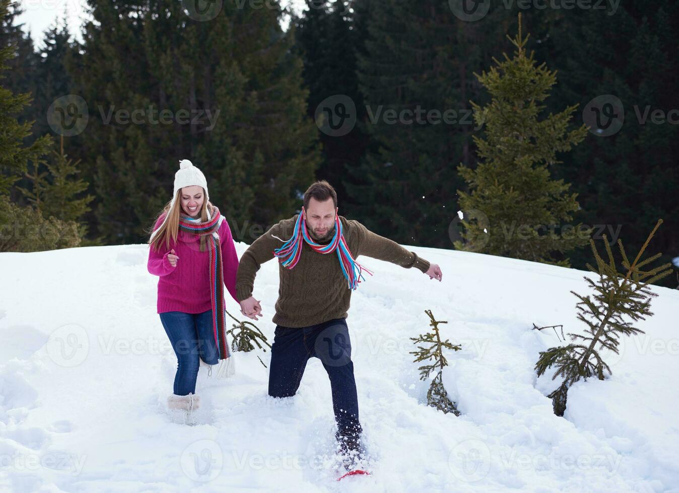 couple s'amusant et marchant en raquettes photo