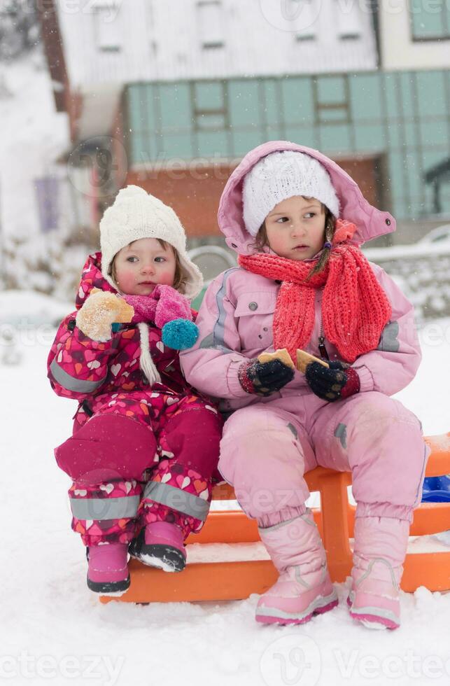 portrait de deux petites filles assises ensemble sur des traîneaux photo