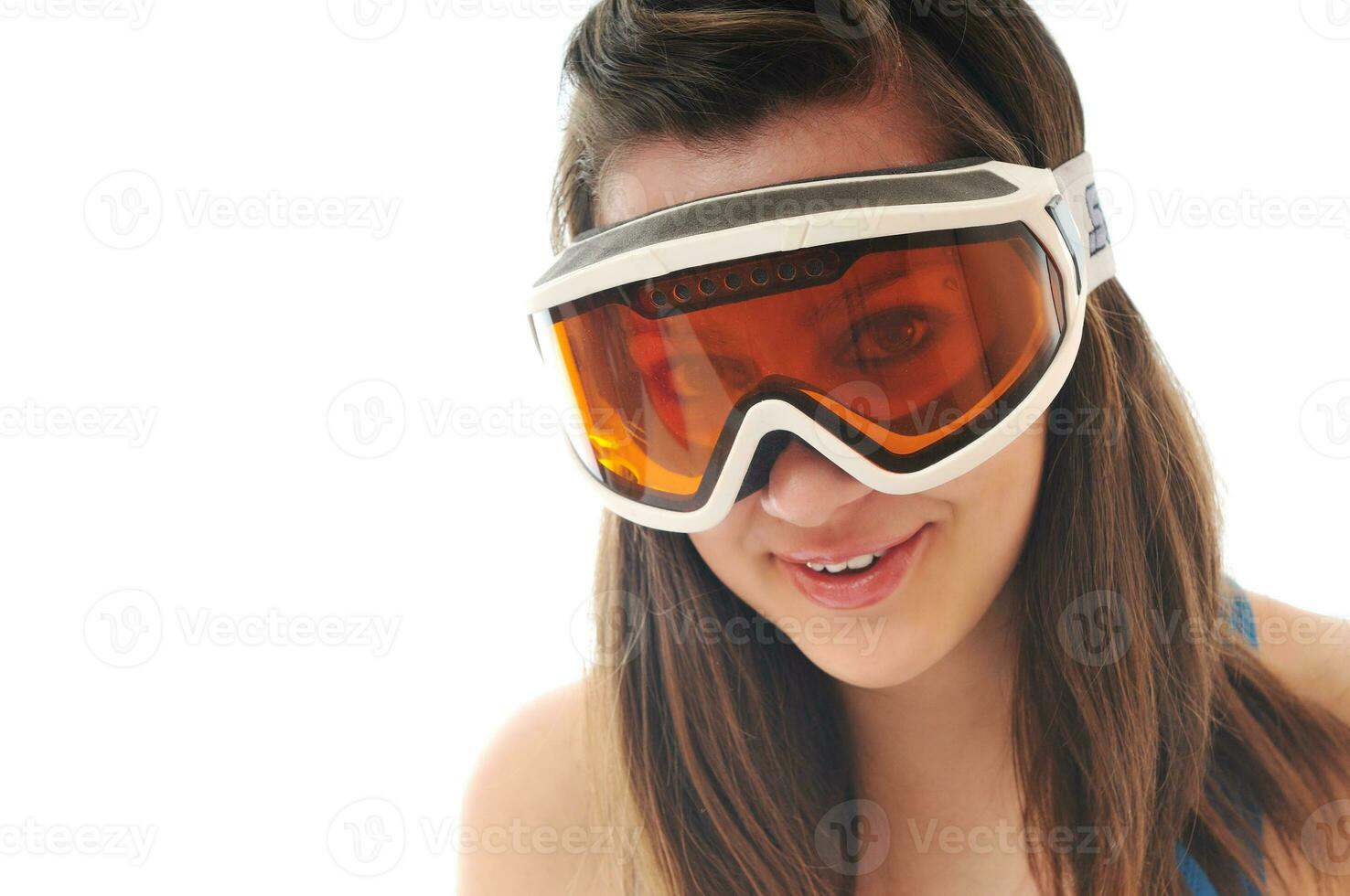 femme avec ski googles isolé sur blanc photo