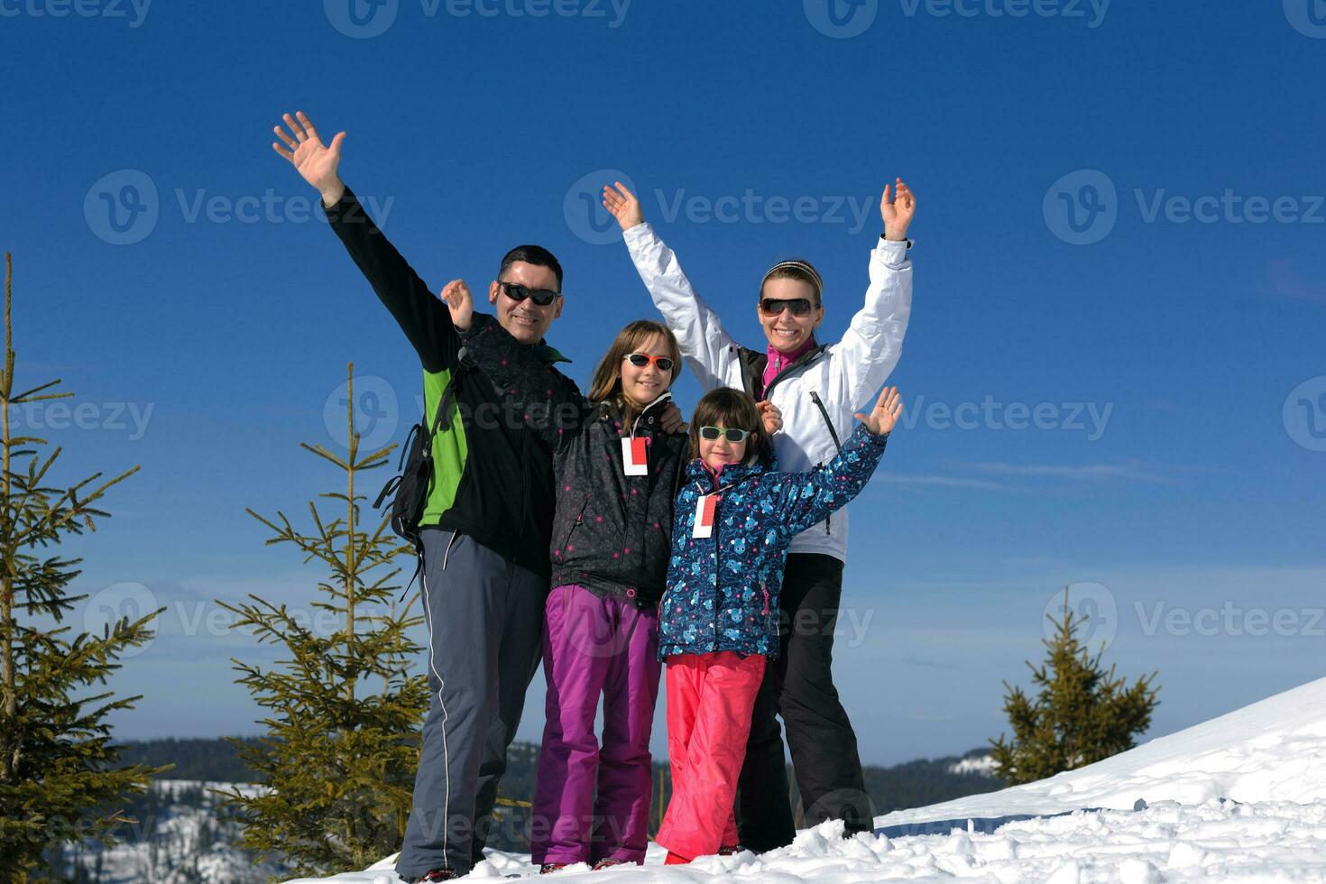 portrait de jeune famille heureuse en hiver photo
