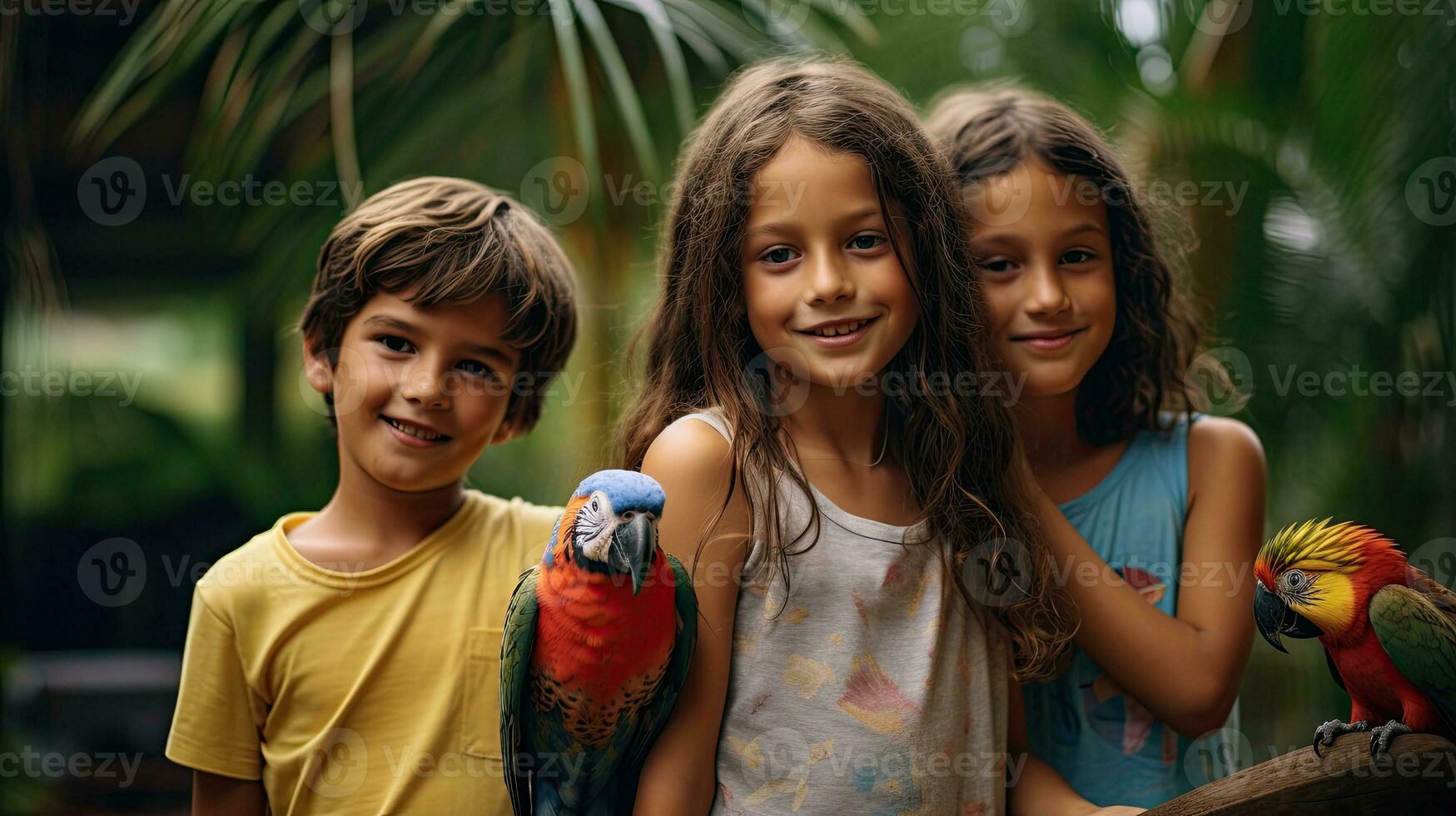 portrait des gamins avec perroquet dans le zoo avec lumière exposition ai génératif photo