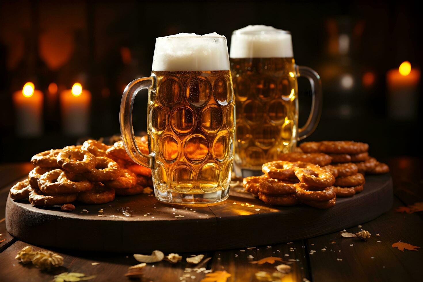 oktoberfest Bière des tasses et bretzels sur une en bois tableau, foncé confortable Contexte. photo
