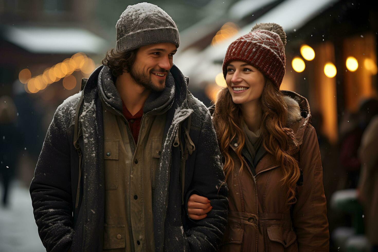 Jeune couple sur Noël marché, hiver temps atmosphère, jouit vacances achats. photo