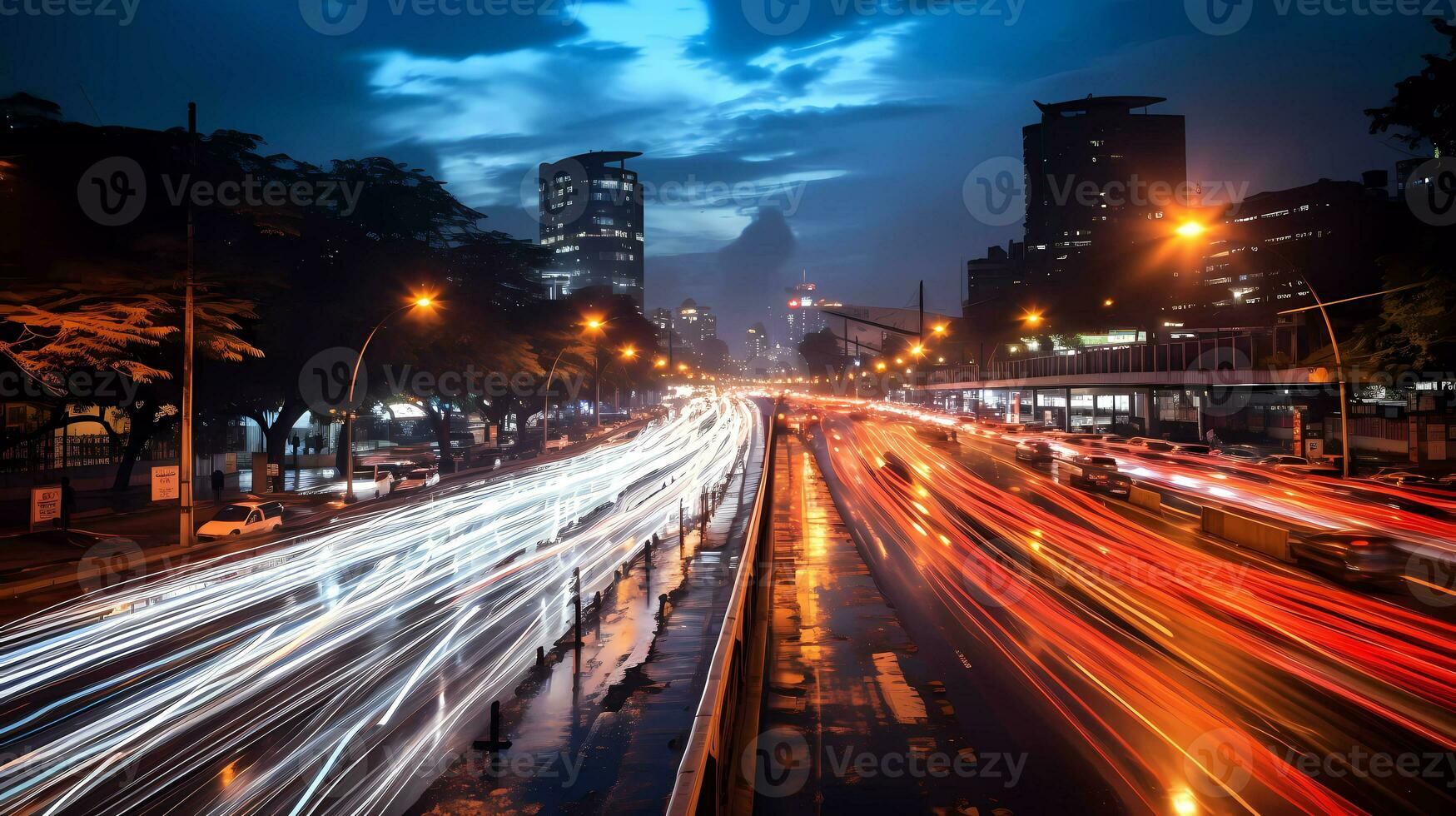 flou voitures à nuit, queue les lampes et circulation lumières