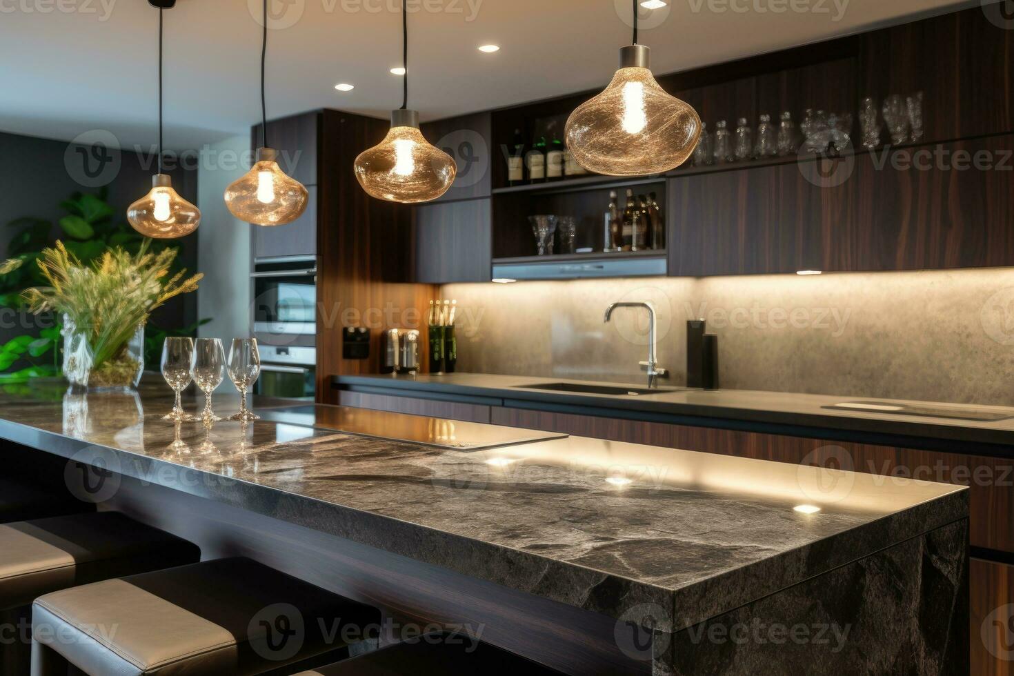 une bar compteur dans une moderne Accueil cuisine intérieur avec granit comptoirs photo