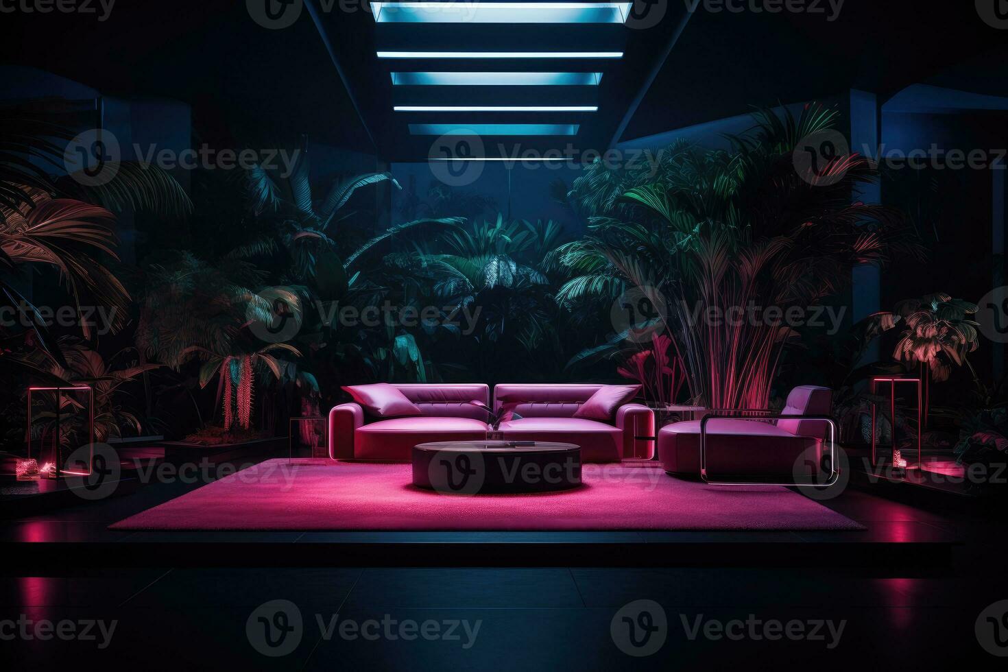 le intérieur de le vivant pièce avec une canapé et intérieur les plantes à nuit avec rose néon éclairage.. ai généré photo