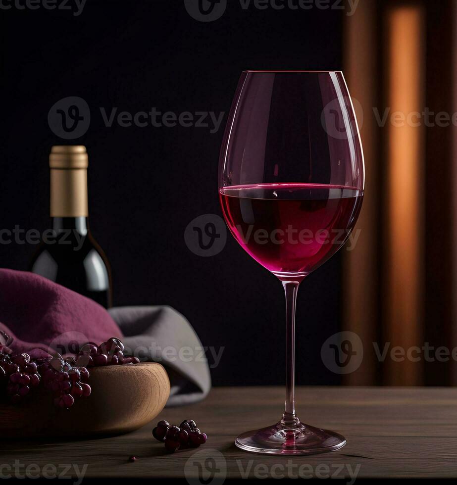 verre de du vin. cabernet sauvignon dans une verre sur une table contre une foncé Contexte. photo