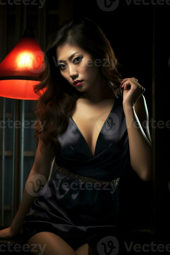 magnifique asiatique fille portant nuit robe dans confortable chambre ai génératif photo
