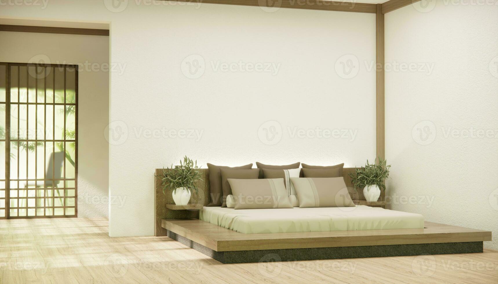 Japon style vide pièce décoré avec en bois lit, blanc mur et en bois mur. photo