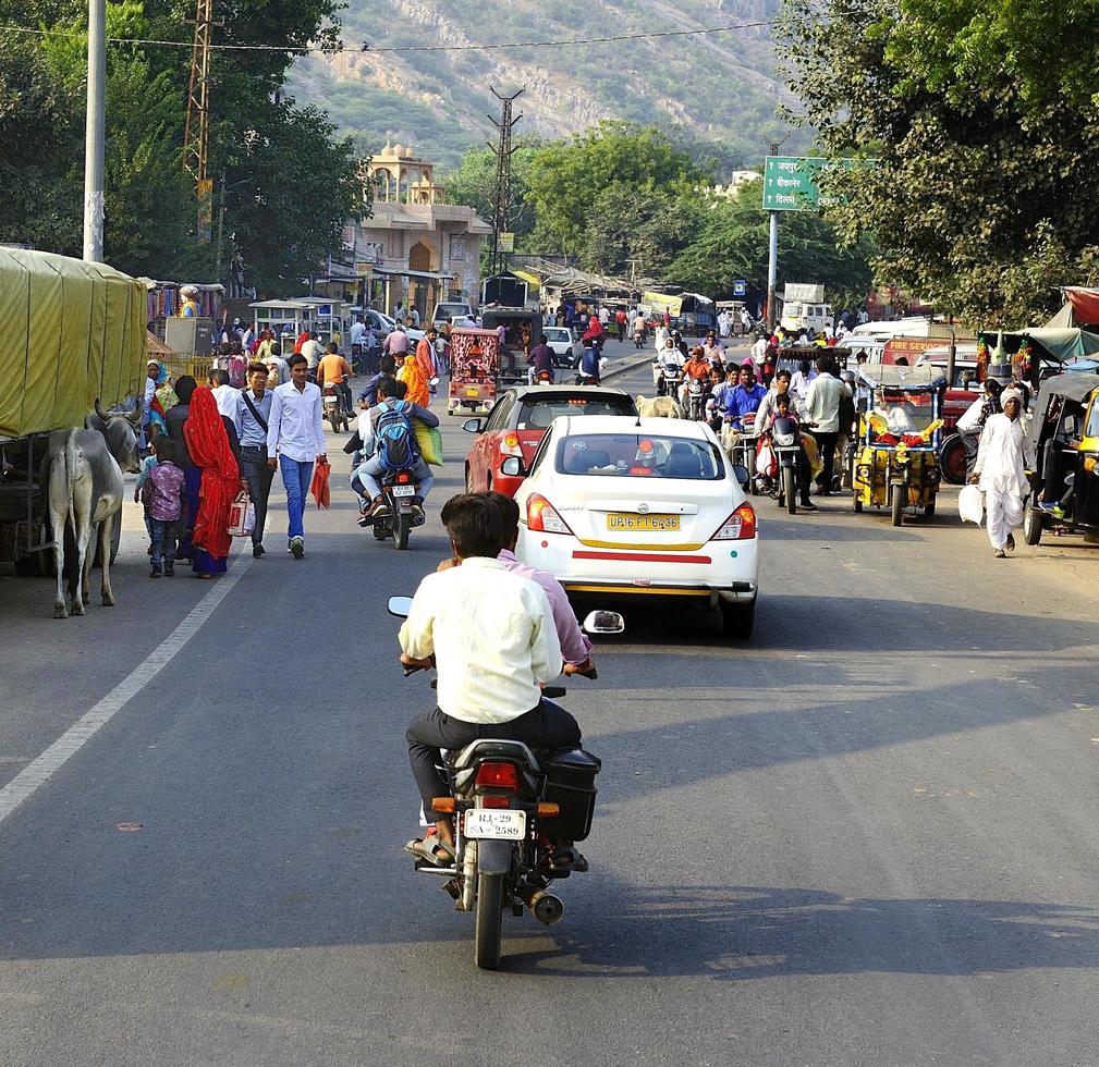 ranthambhore, inde - 10 novembre 2019, véhicules bétail et personnes partageant la route photo