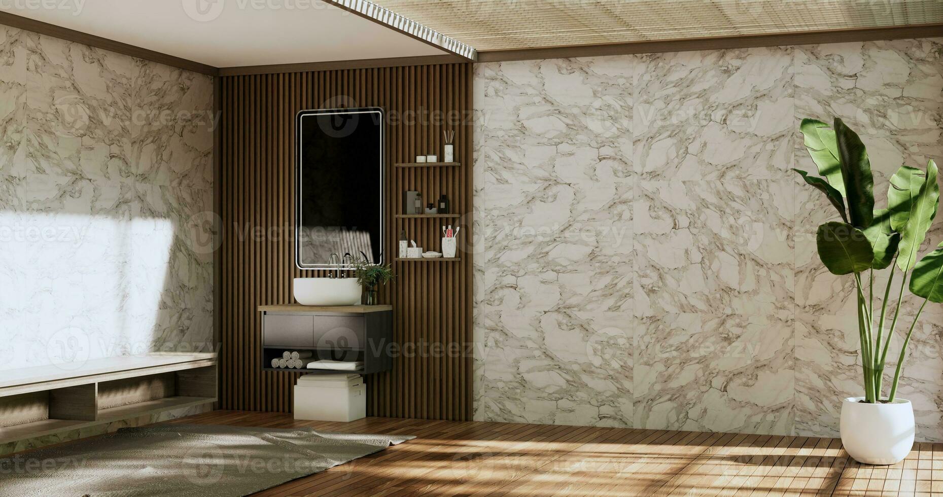 le une baignoire et toilette sur salle de bains Japonais wabi sabi style .3d le rendu photo