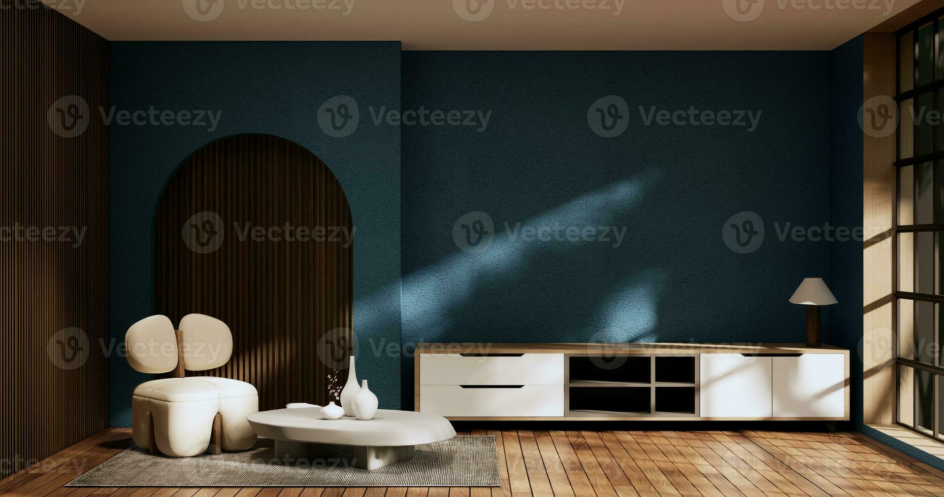 cabinet dans moderne Zen vivant pièce sur lumière bleu mur arrière-plan, 3d le rendu photo