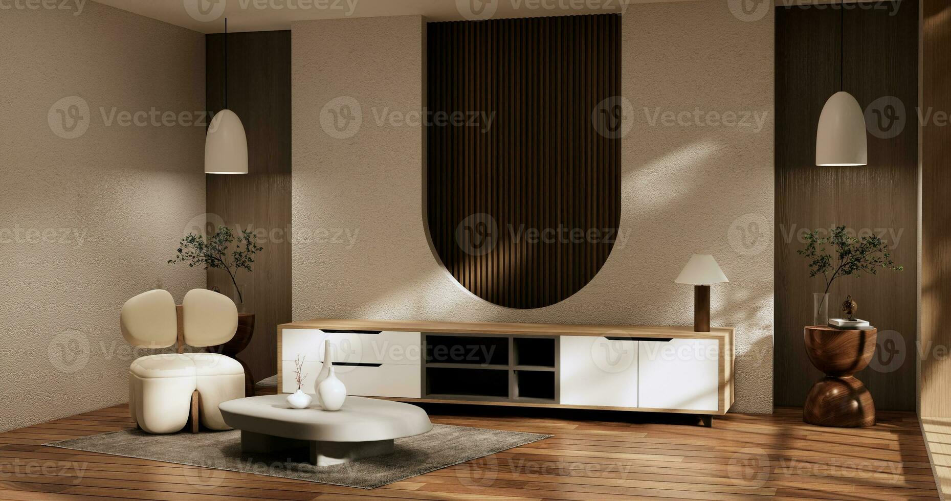 cabinet pièce en bois intérieur wabisabi style.3d le rendu photo