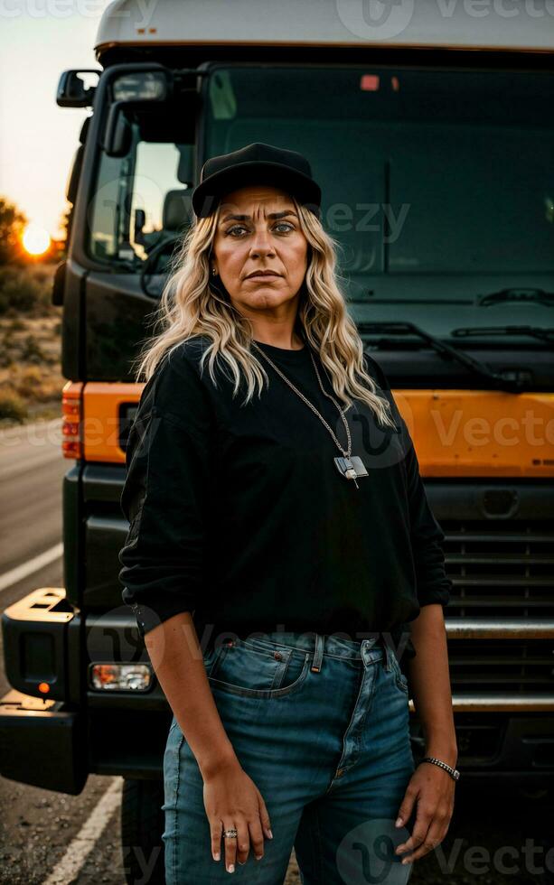 photo de un camion chauffeur avec un camion dans Contexte le coucher du soleil scène génératif ai