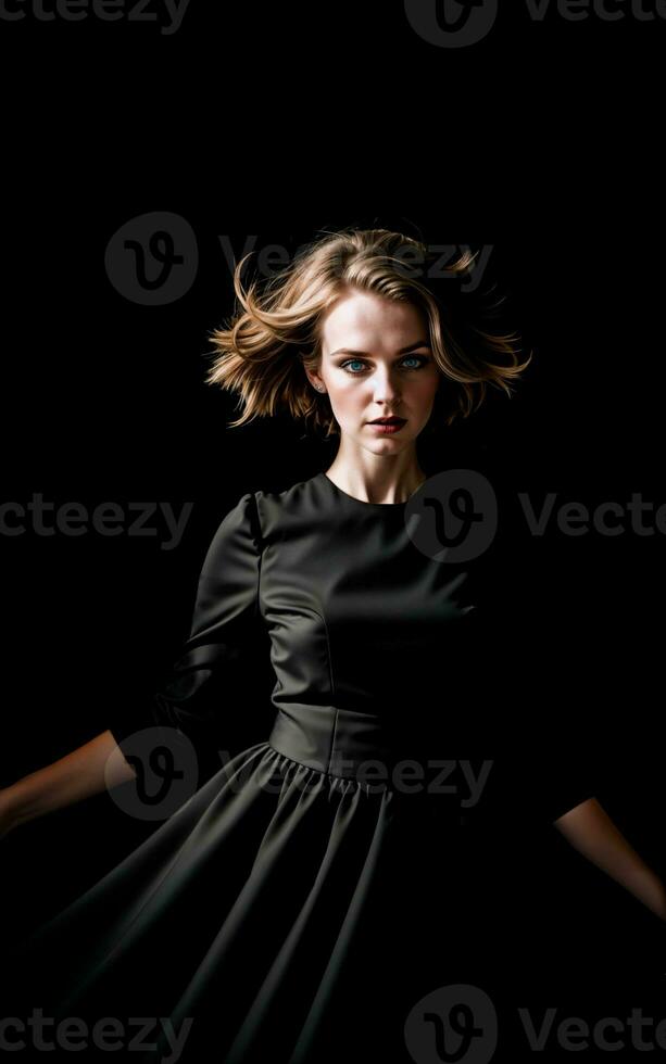 photo de femme portant une noir robe sur noir arrière-plan, génératif ai