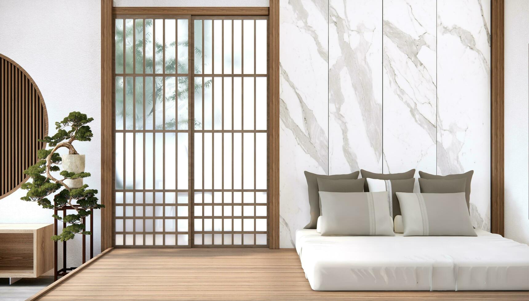 moderne Japon style chambre décoré et minimaliste lit. photo