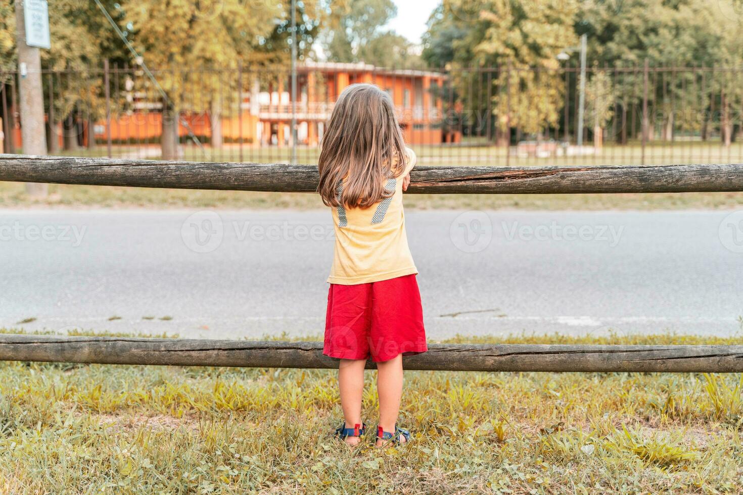 peu mignonne fille vu de derrière penché contre une en bois clôture un Extérieur parc photo