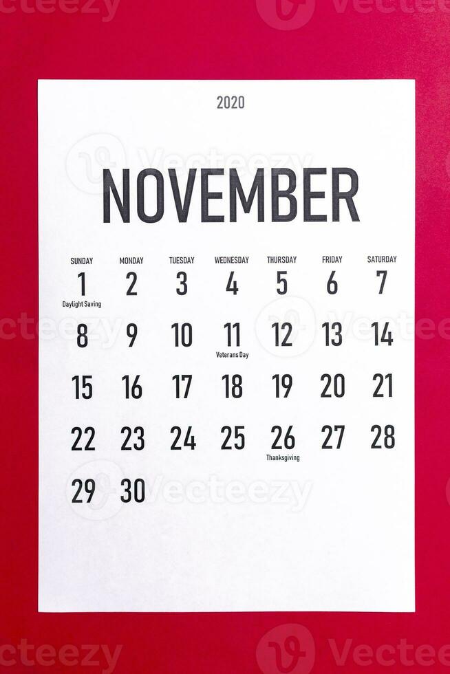 novembre 2020 calendrier avec vacances photo