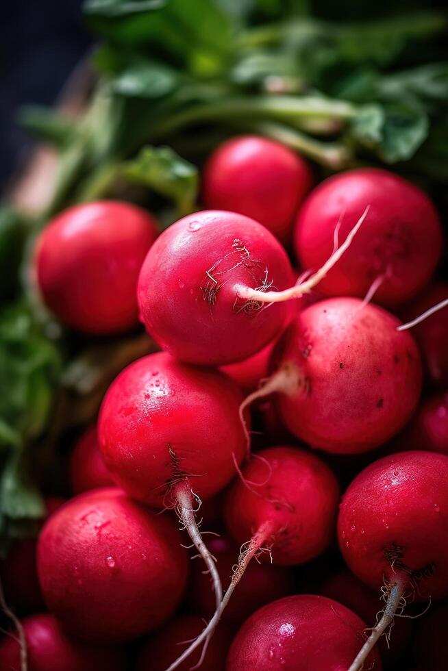 réaliste photo de une bouquet de rouge un radis. Haut vue des légumes paysage. ai généré