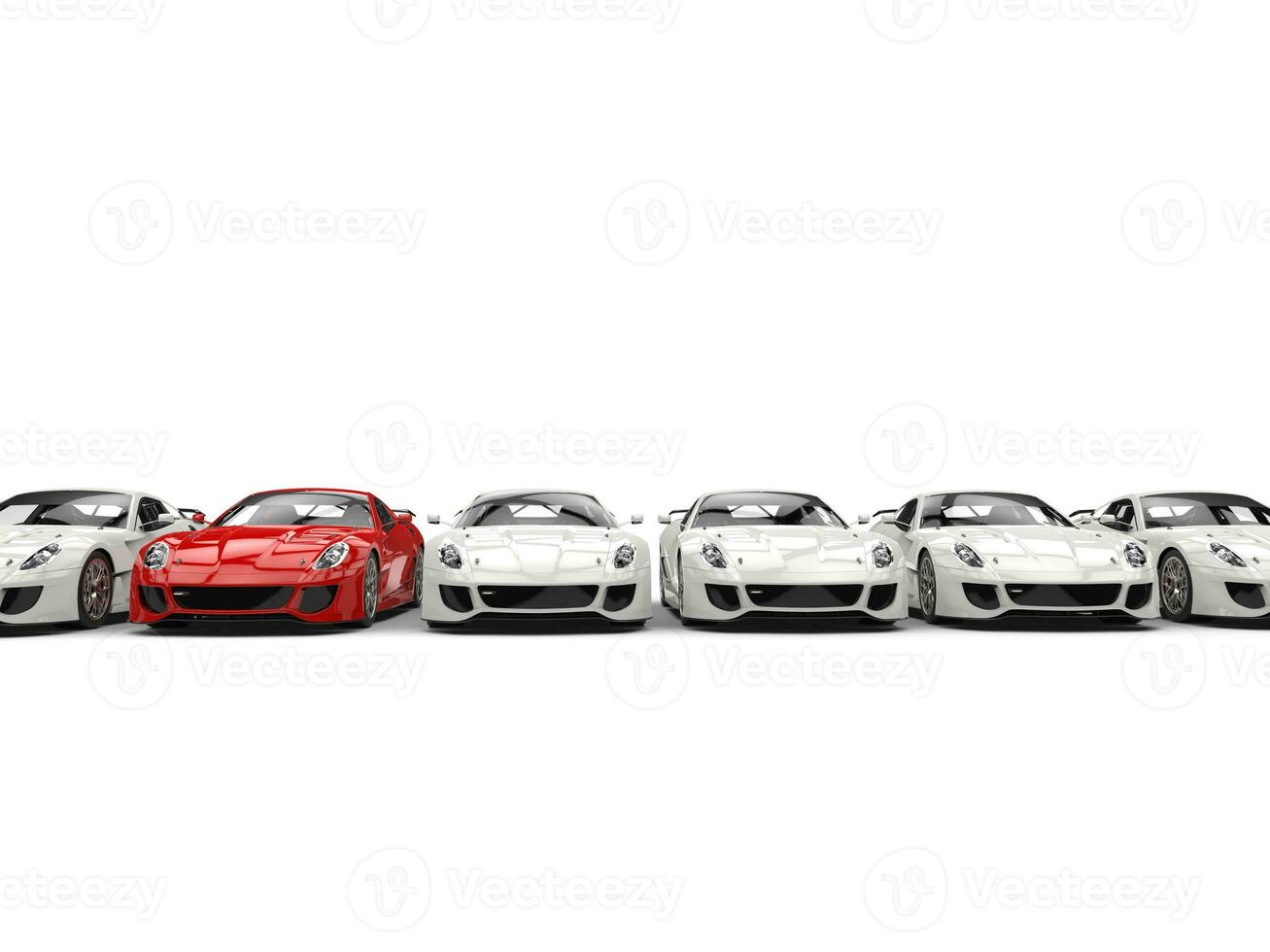rouge des sports voiture des stands en dehors dans une rangée de blanc générique voitures - de face vue photo