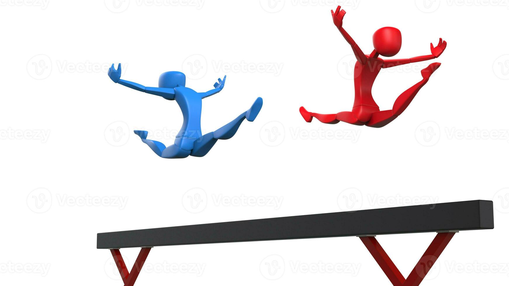 deux gymnastes Faire une Divisé saut - équilibre faisceau la discipline - 3d illustration photo