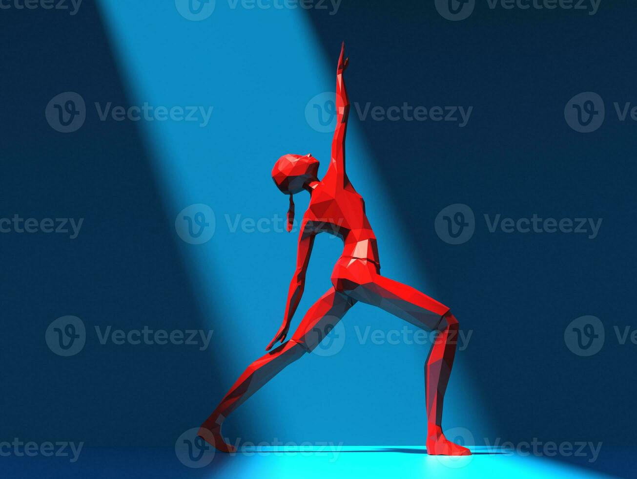 rouge faible polygone fille Faire yoga dans bleu pièce dans rayon de lumière du soleil photo