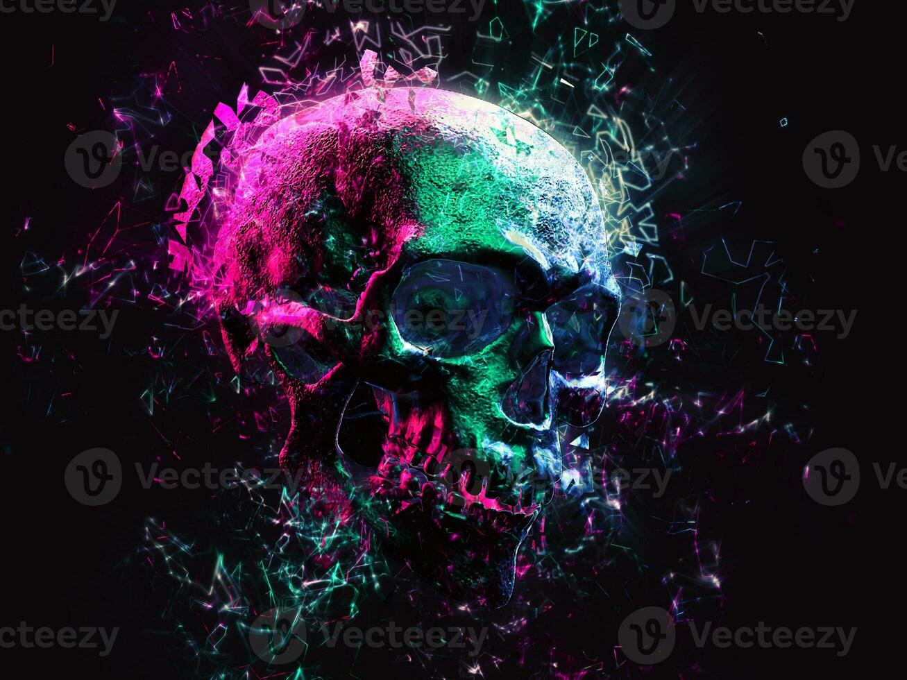 néon synthwave crâne exploser dans brillant polygones photo