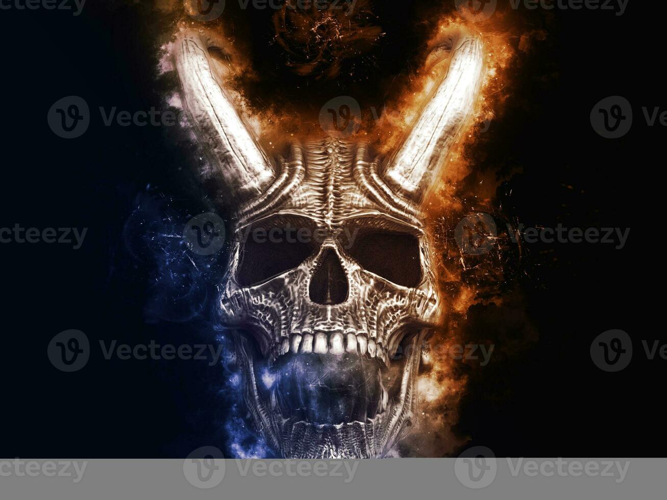 démon crâne avec gros cornes embrasé avec énergie - bleu et Orange photo