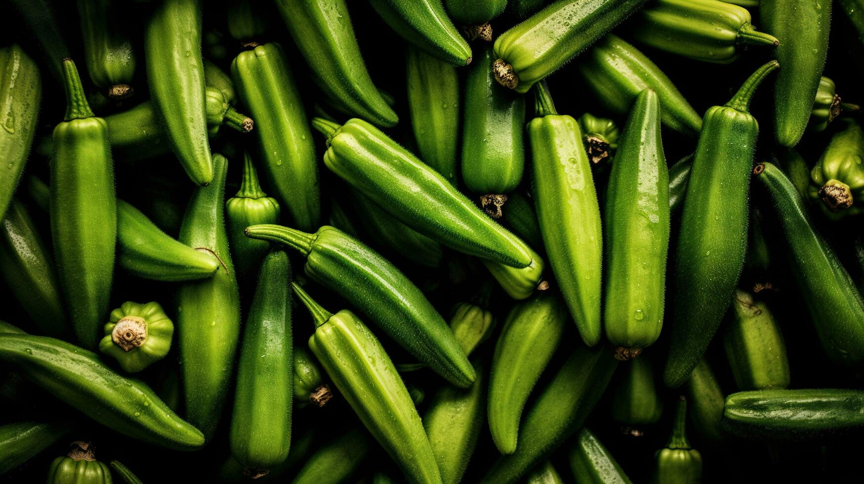 réaliste photo de une bouquet de gombo. Haut vue des légumes paysage. ai généré