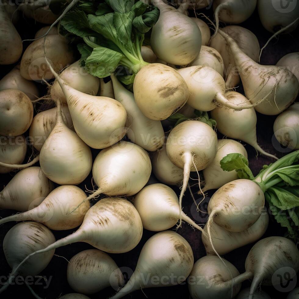 réaliste photo de une bouquet de blanc un radis. Haut vue des légumes paysage. ai généré